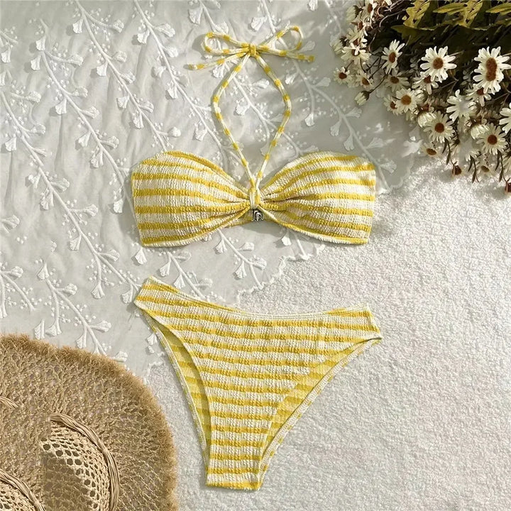 Bikini Due Pezzi Donna a Righe – Fascia Arricciata e Vita Alta