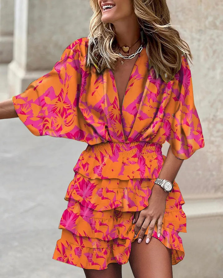 Mini abito boho donna in tessuto leggero – collo a V maniche a pipistrello