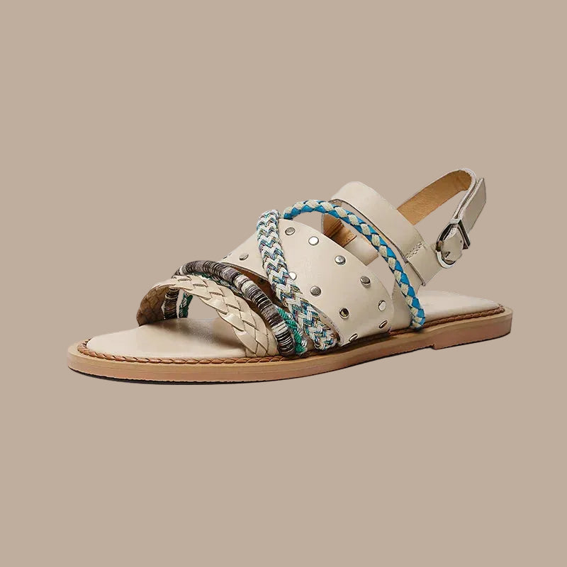 Sandales Plates Femme en Cuir – Lanières Tressées Style Bohème
