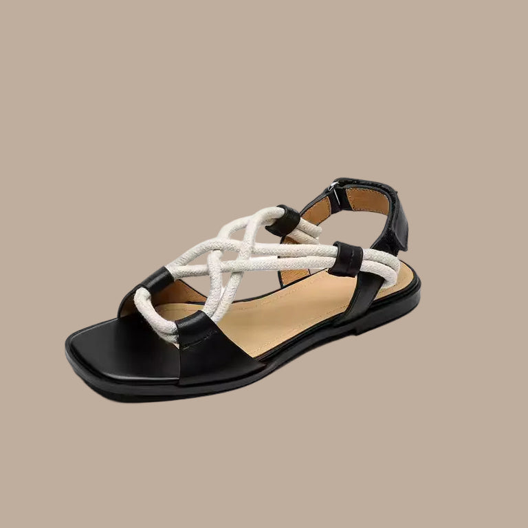 Flache Damensandalen aus echtem Leder – verstellbare gekreuzte Riemen