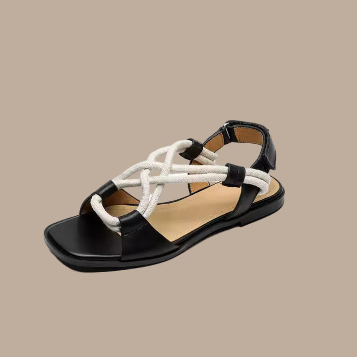 Flache Damensandalen aus echtem Leder – verstellbare gekreuzte Riemen