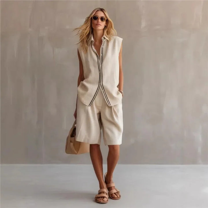 Completo Due Pezzi Donna – Camicia Senza Maniche &amp; Pantaloncini Lunghezza Ginocchio