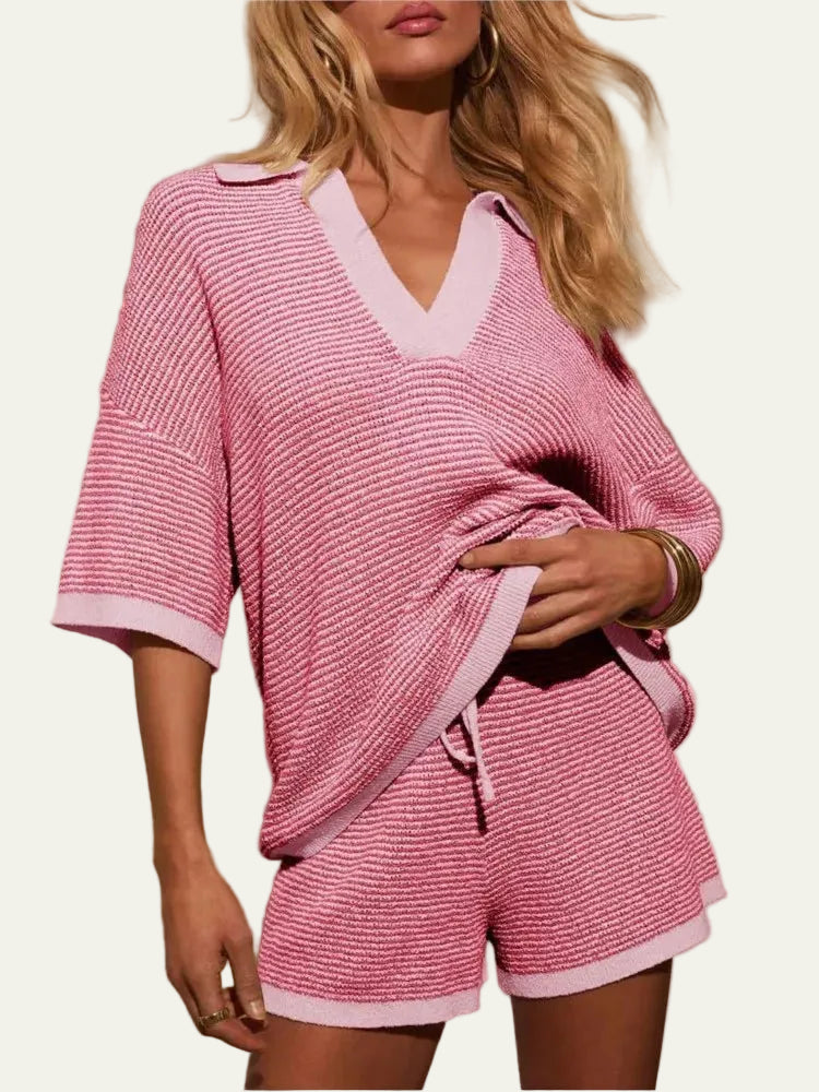 Completo Due Pezzi Donna in Maglia – Top Oversize con Scollo a V e Shorts Coordinati