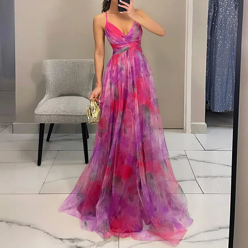 Abito maxi donna in mesh floreale – busto aderente gonna fluida