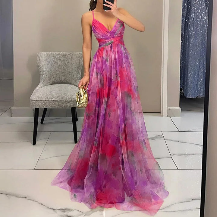 Abito maxi donna in mesh floreale – busto aderente gonna fluida