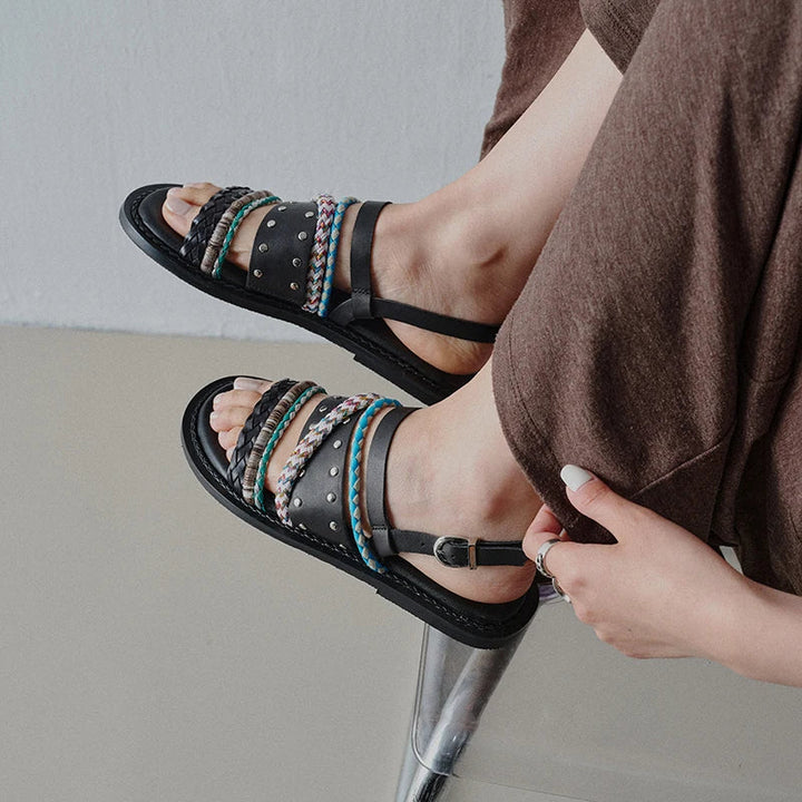 Sandales Plates Femme en Cuir – Lanières Tressées Style Bohème