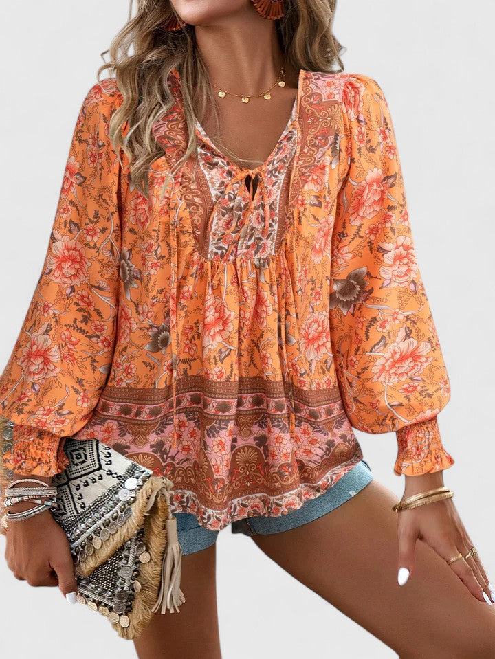 Boho-Bluse mit Blumenmuster für Damen – Lange Ärmel, Pullover-Stil