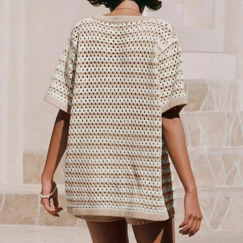 Ensemble Cardigan Femme Maille Ajourée Rayée – Coupe Décontractée