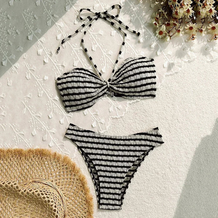 Bikini Due Pezzi Donna a Righe – Fascia Arricciata e Vita Alta