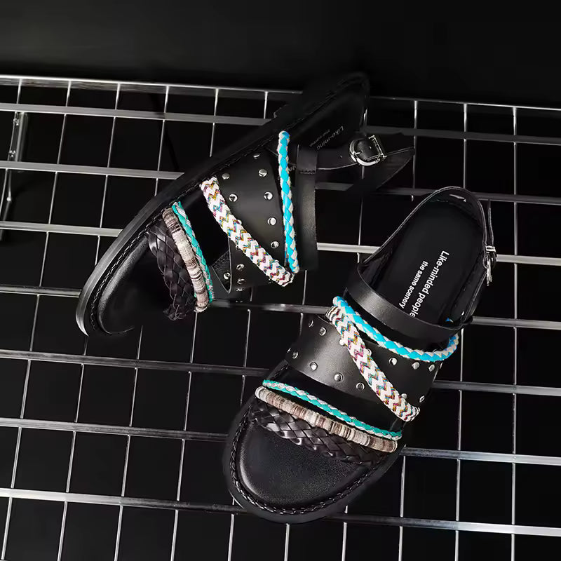 Sandales Plates Femme en Cuir – Lanières Tressées Style Bohème