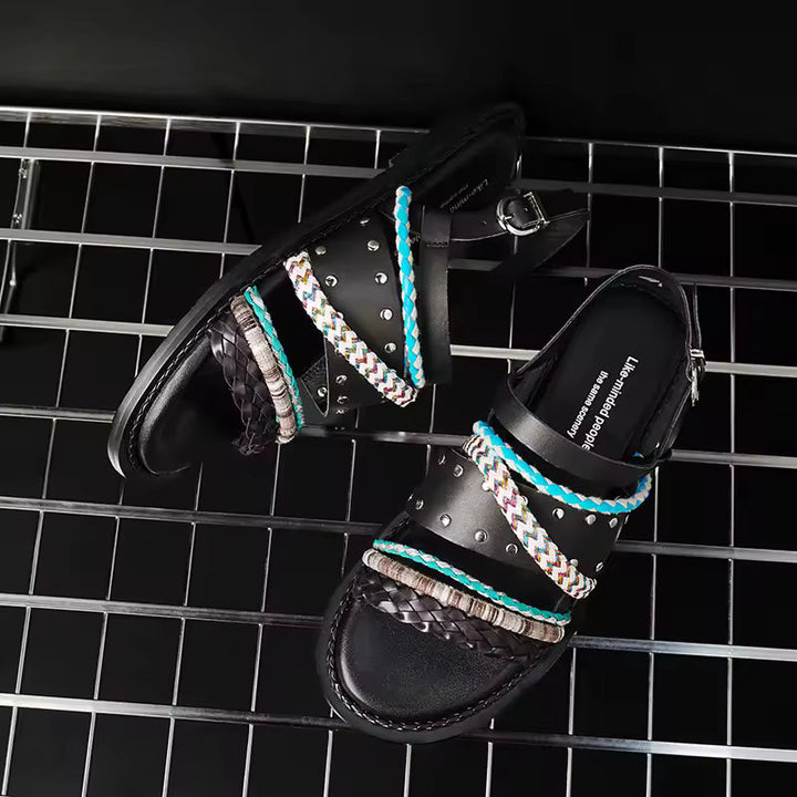Sandales Plates Femme en Cuir – Lanières Tressées Style Bohème