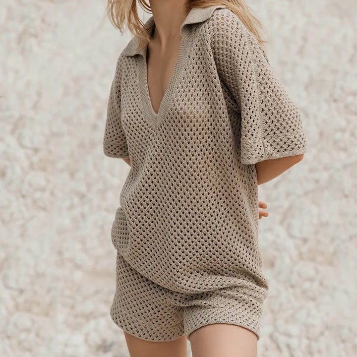 Completo Due Pezzi Donna in Maglia – Top con Scollo a V &amp; Pantaloncini Casual