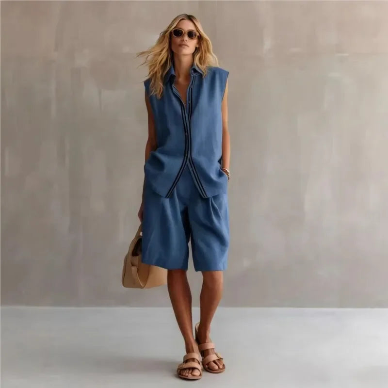 Completo Due Pezzi Donna – Camicia Senza Maniche &amp; Pantaloncini Lunghezza Ginocchio