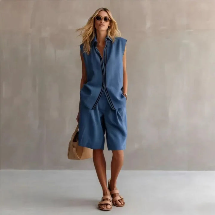 Completo Due Pezzi Donna – Camicia Senza Maniche &amp; Pantaloncini Lunghezza Ginocchio