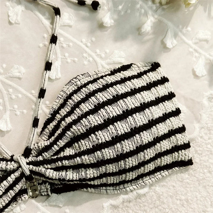 Bikini Due Pezzi Donna a Righe – Fascia Arricciata e Vita Alta