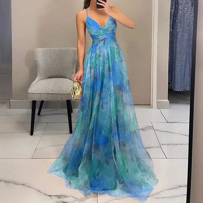 Abito maxi donna in mesh floreale – busto aderente gonna fluida
