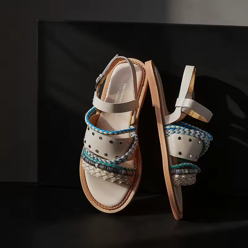 Sandales Plates Femme en Cuir – Lanières Tressées Style Bohème