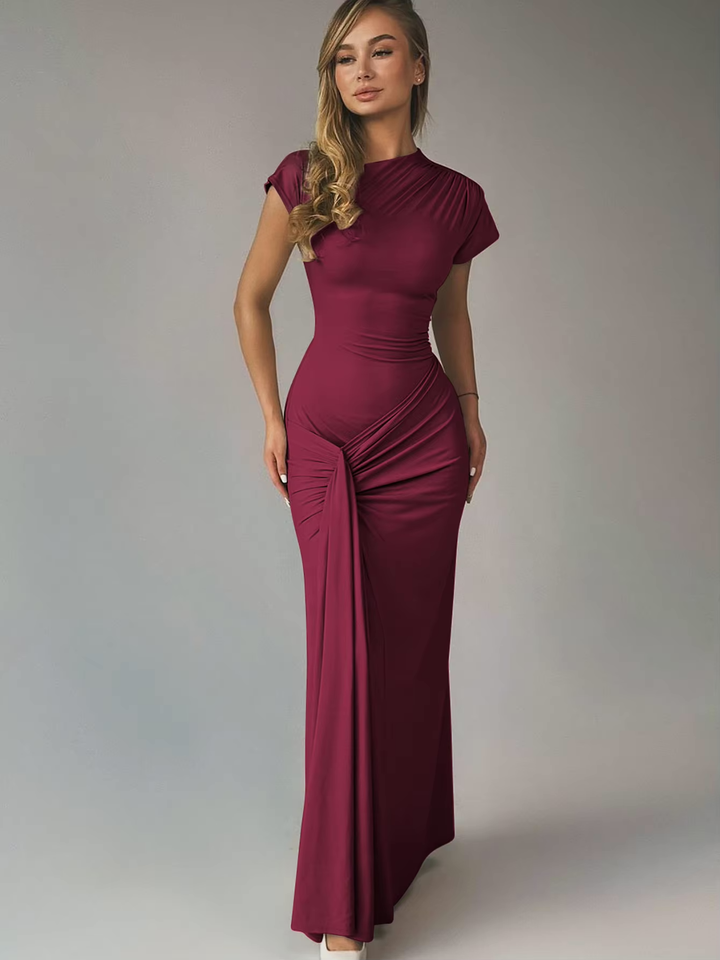 Women's Maxi Dress with Asymmetric Neckline – Lace-Up Back Slim Fit