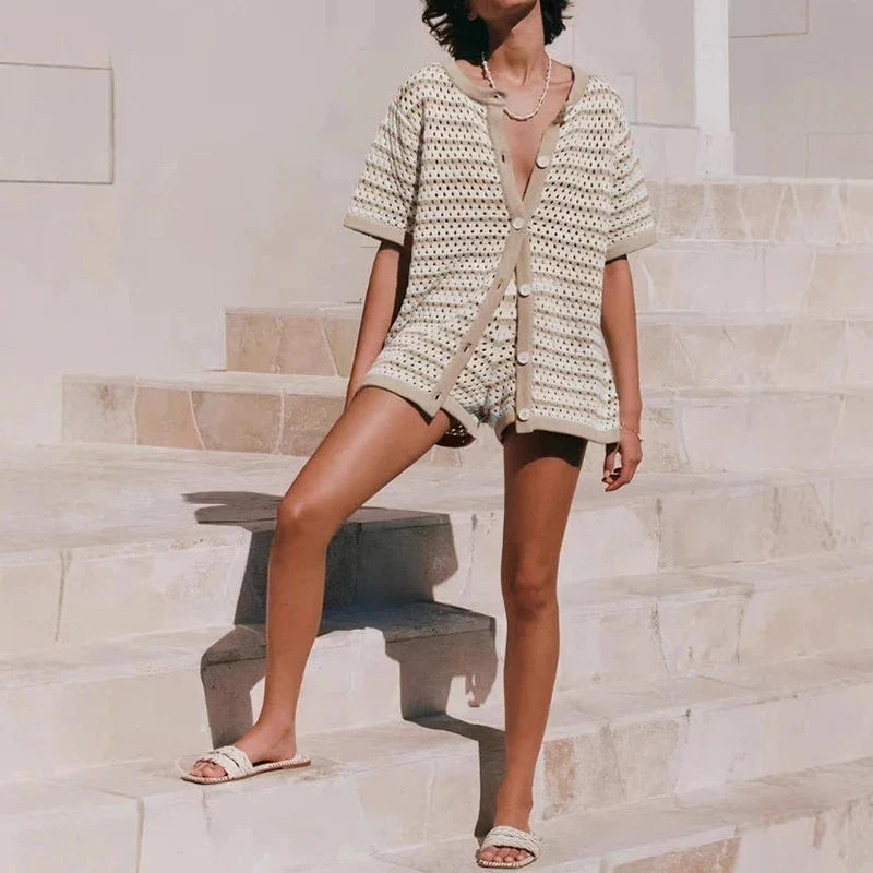 Ensemble Cardigan Femme Maille Ajourée Rayée – Coupe Décontractée