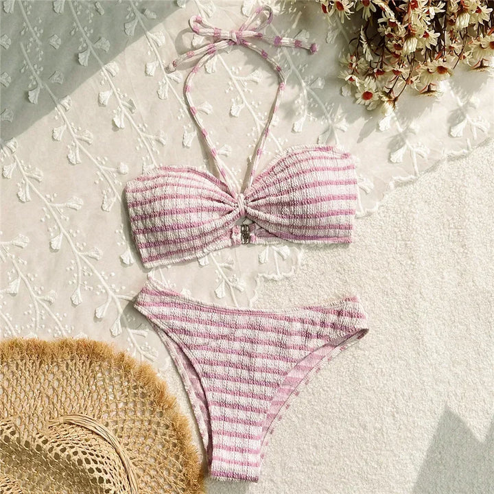 Bikini Due Pezzi Donna a Righe – Fascia Arricciata e Vita Alta