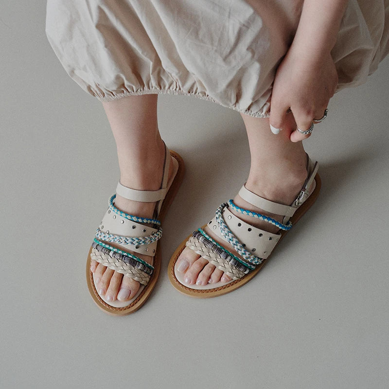 Sandales Plates Femme en Cuir – Lanières Tressées Style Bohème