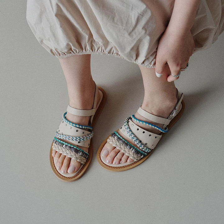Sandales Plates Femme en Cuir – Lanières Tressées Style Bohème
