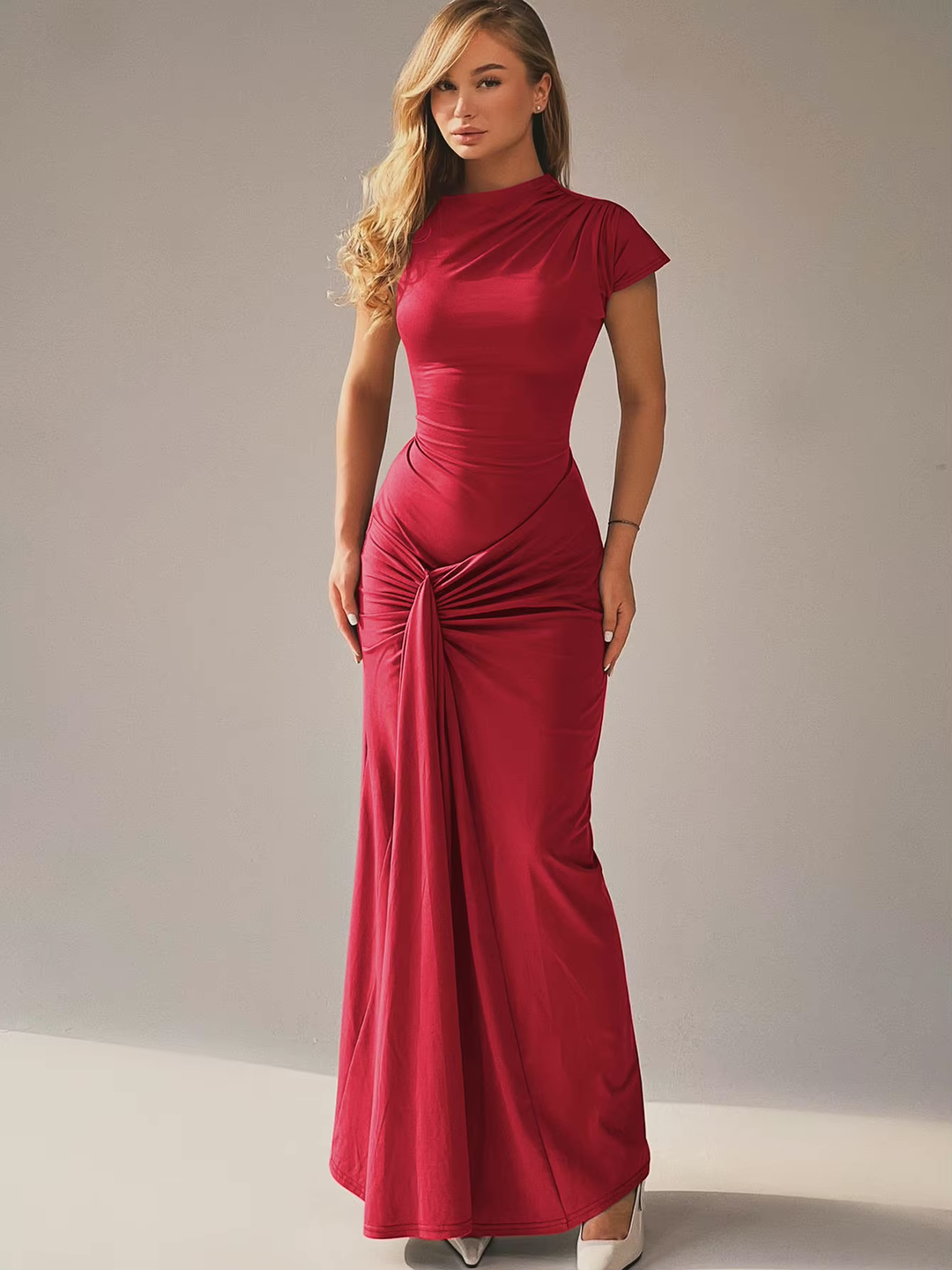 Women's Maxi Dress with Asymmetric Neckline – Lace-Up Back Slim Fit