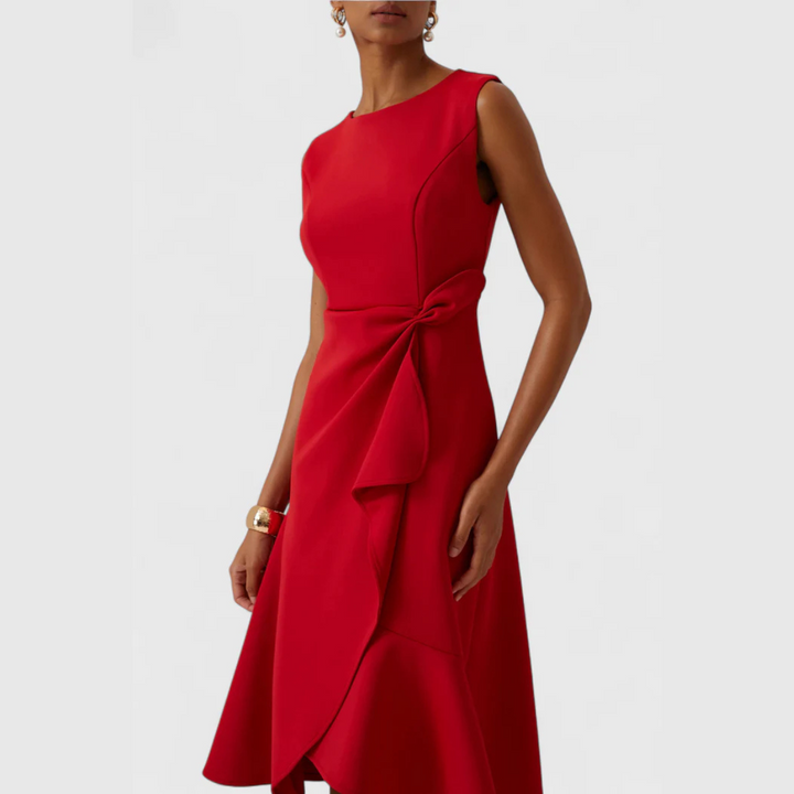 Vestito Midi Strutturato Senza Maniche per Donna – Collo Tondo Orlo Svasato Aderente