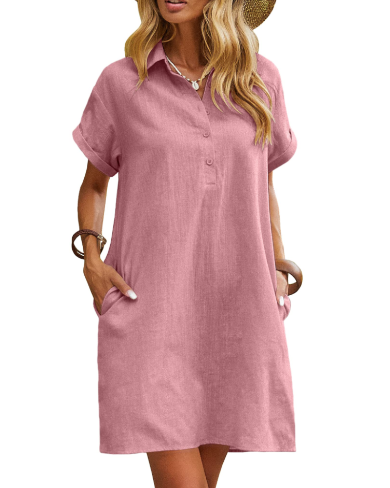 Midikleid für Damen – V-Ausschnitt mit Knöpfen, leichter Stoff mit Taschen