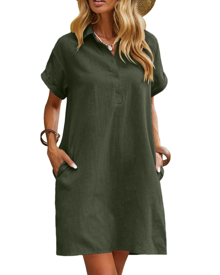 Midikleid für Damen – V-Ausschnitt mit Knöpfen, leichter Stoff mit Taschen