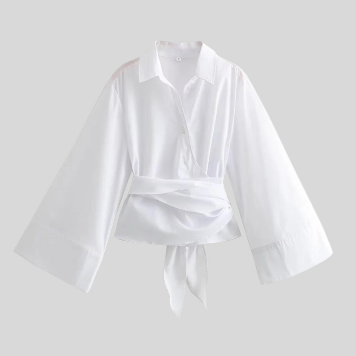 Top donna in popeline con vita incrociata – Stile aderente a maniche lunghe