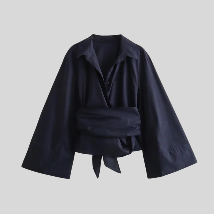 Top donna in popeline con vita incrociata – Stile aderente a maniche lunghe