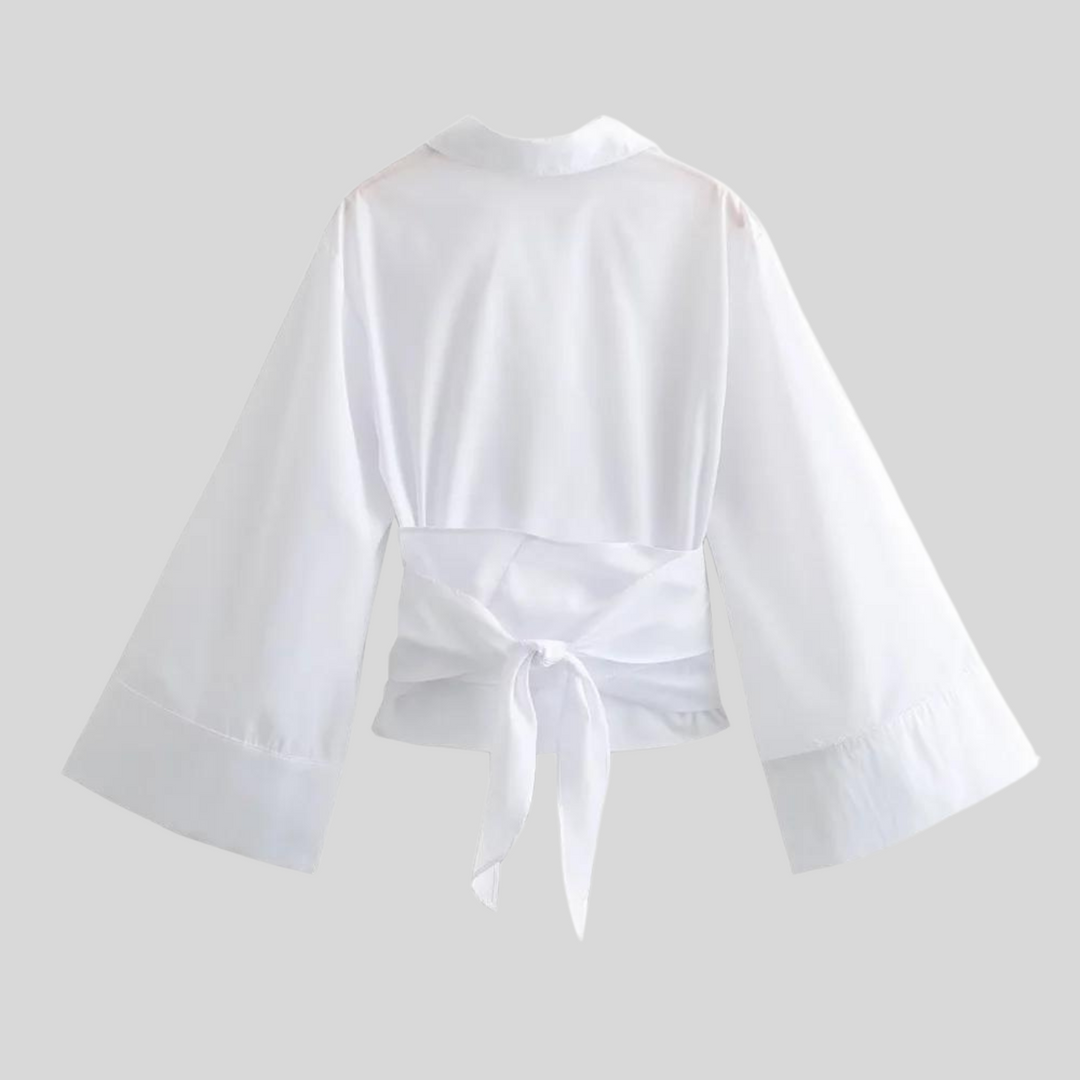 Top donna in popeline con vita incrociata – Stile aderente a maniche lunghe