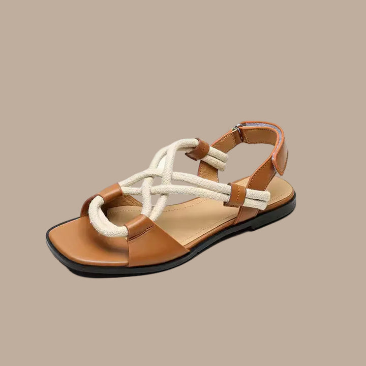 Flache Damensandalen aus echtem Leder – verstellbare gekreuzte Riemen
