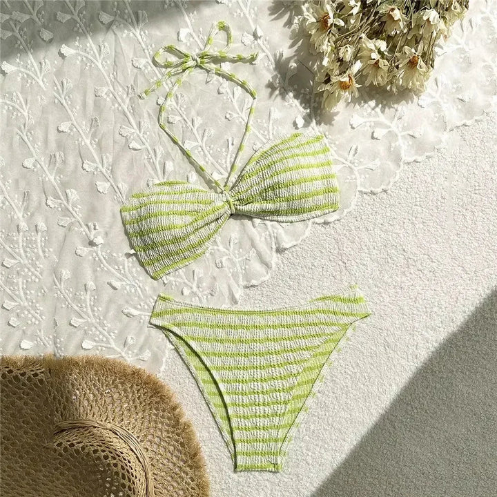 Bikini Due Pezzi Donna a Righe – Fascia Arricciata e Vita Alta