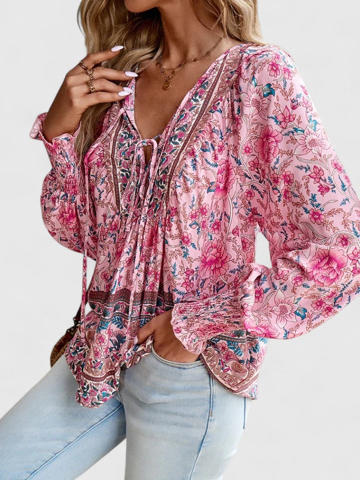 Boho-Bluse mit Blumenmuster für Damen – Lange Ärmel, Pullover-Stil