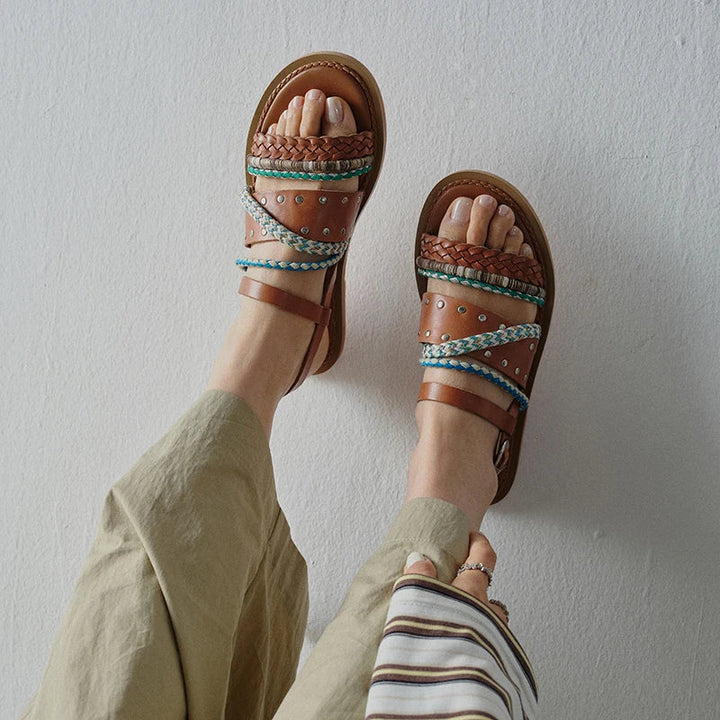 Sandales Plates Femme en Cuir – Lanières Tressées Style Bohème