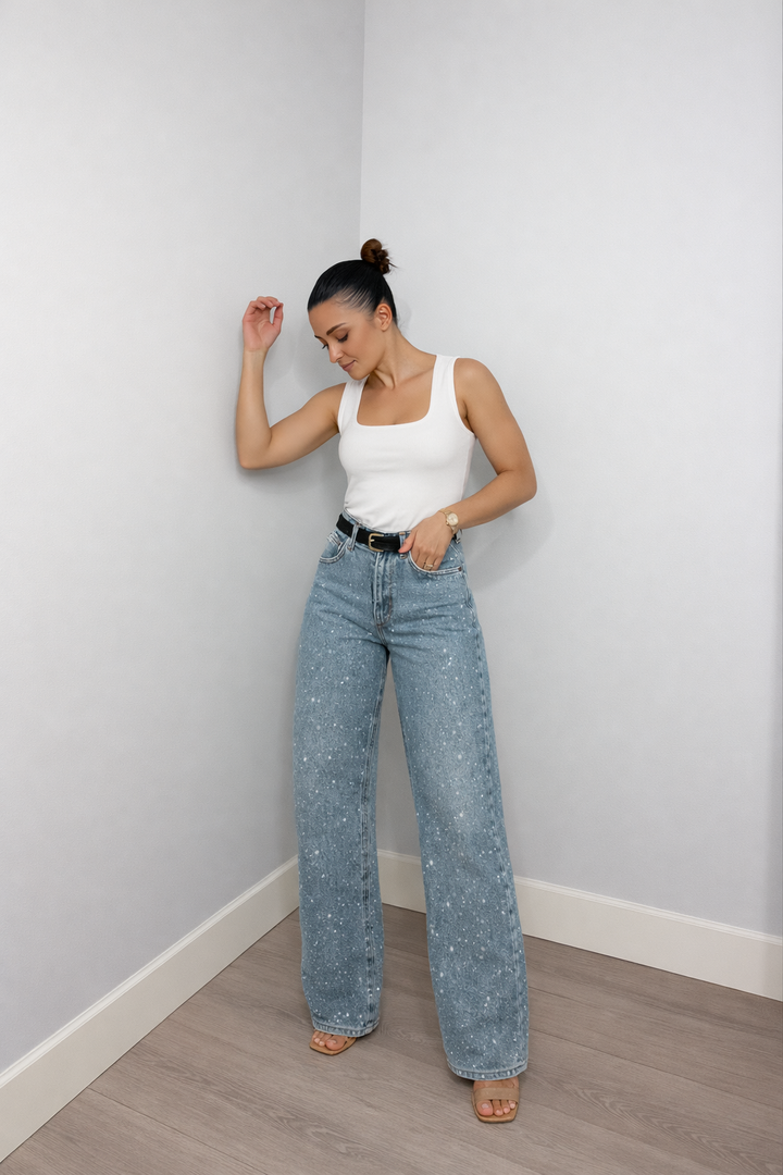 Damenjeans mit hoher Taille, gerade geschnitten – Stretch, glitzerndes Detail, Struktur