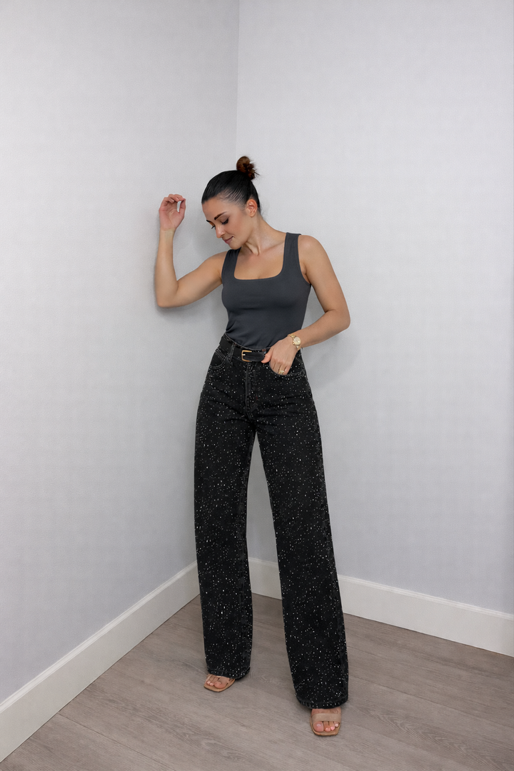 Damenjeans mit hoher Taille, gerade geschnitten – Stretch, glitzerndes Detail, Struktur