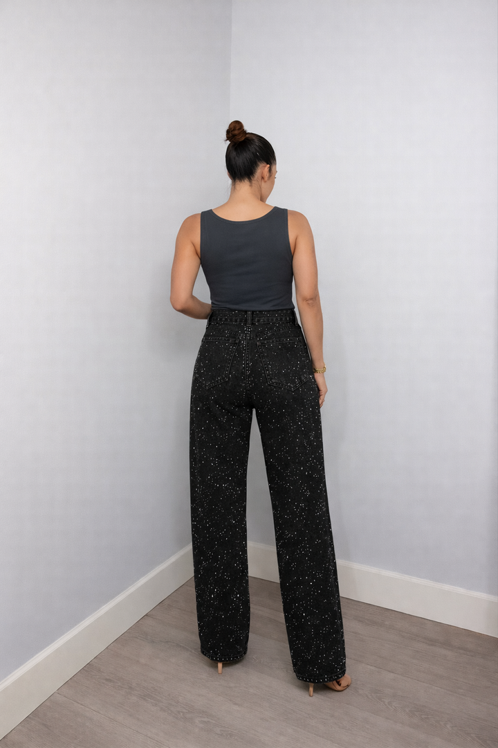 Damenjeans mit hoher Taille, gerade geschnitten – Stretch, glitzerndes Detail, Struktur