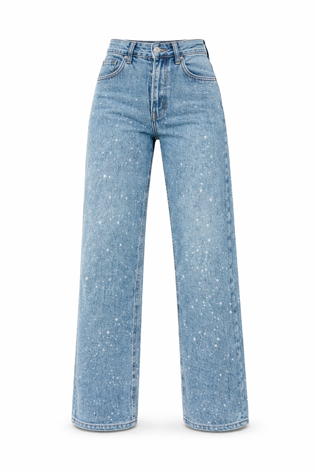 Damenjeans mit hoher Taille, gerade geschnitten – Stretch, glitzerndes Detail, Struktur