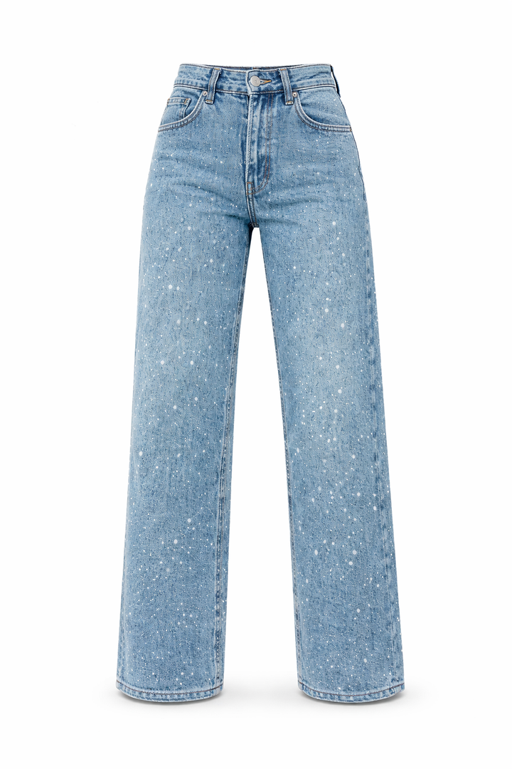 Damenjeans mit hoher Taille, gerade geschnitten – Stretch, glitzerndes Detail, Struktur
