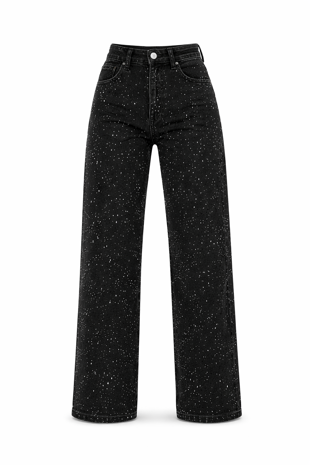 Damenjeans mit hoher Taille, gerade geschnitten – Stretch, glitzerndes Detail, Struktur