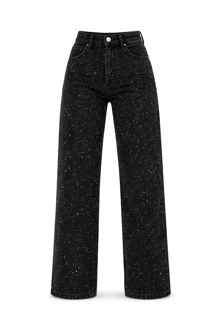Damenjeans mit hoher Taille, gerade geschnitten – Stretch, glitzerndes Detail, Struktur