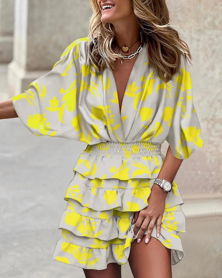 Mini abito boho donna in tessuto leggero – collo a V maniche a pipistrello
