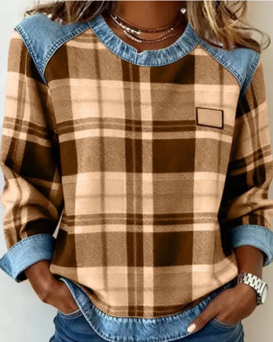 Patchwork-Sweatshirt für Damen – Rundhalsausschnitt, geprägtes Blumenmuster