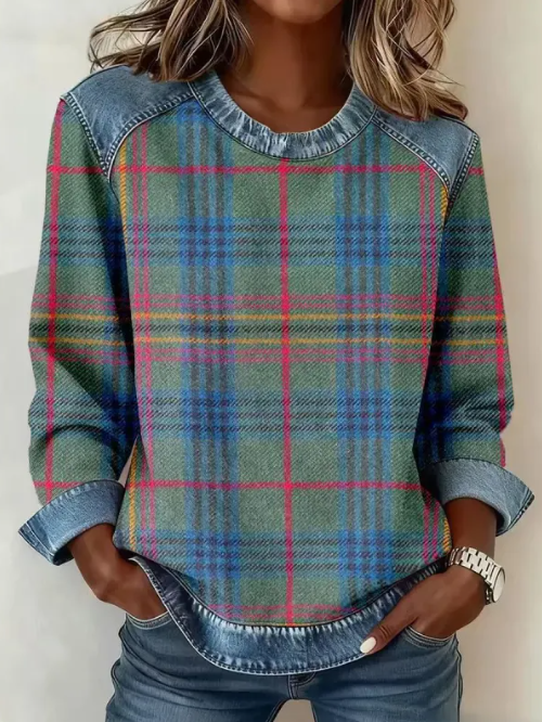Patchwork-Sweatshirt für Damen – Rundhalsausschnitt, geprägtes Blumenmuster