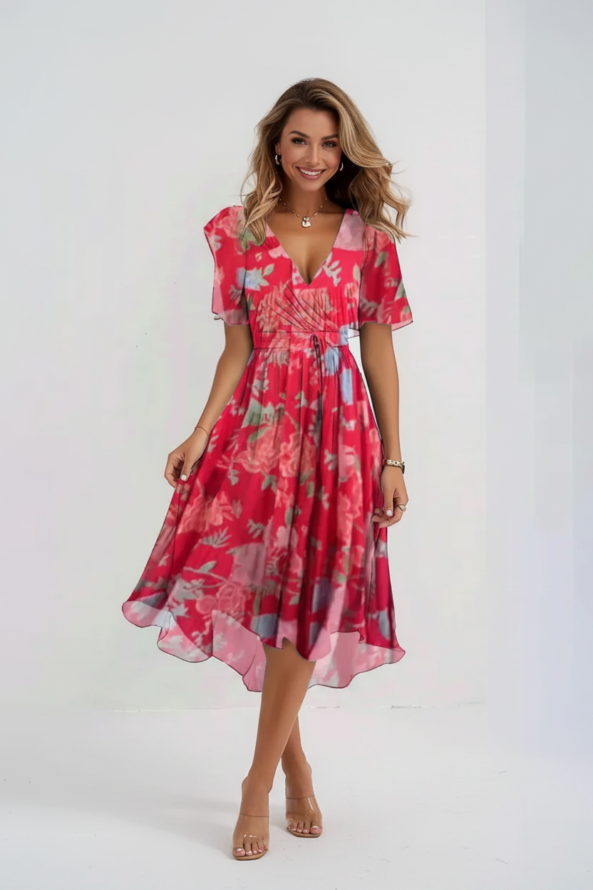 Robe Femme Mi-Longue Style Chiffon – Encolure V Élégante