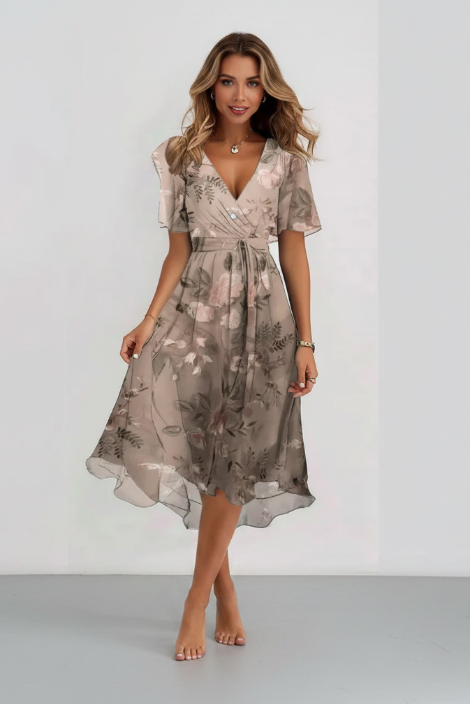Robe Femme Mi-Longue Style Chiffon – Encolure V Élégante