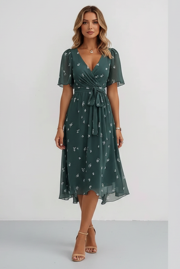 Robe Femme Mi-Longue Style Chiffon – Encolure V Élégante